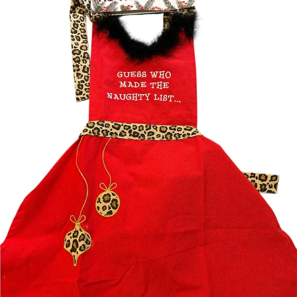 TIS THE SEASON brand new Red and Leopard Print women’s Apron Christmas